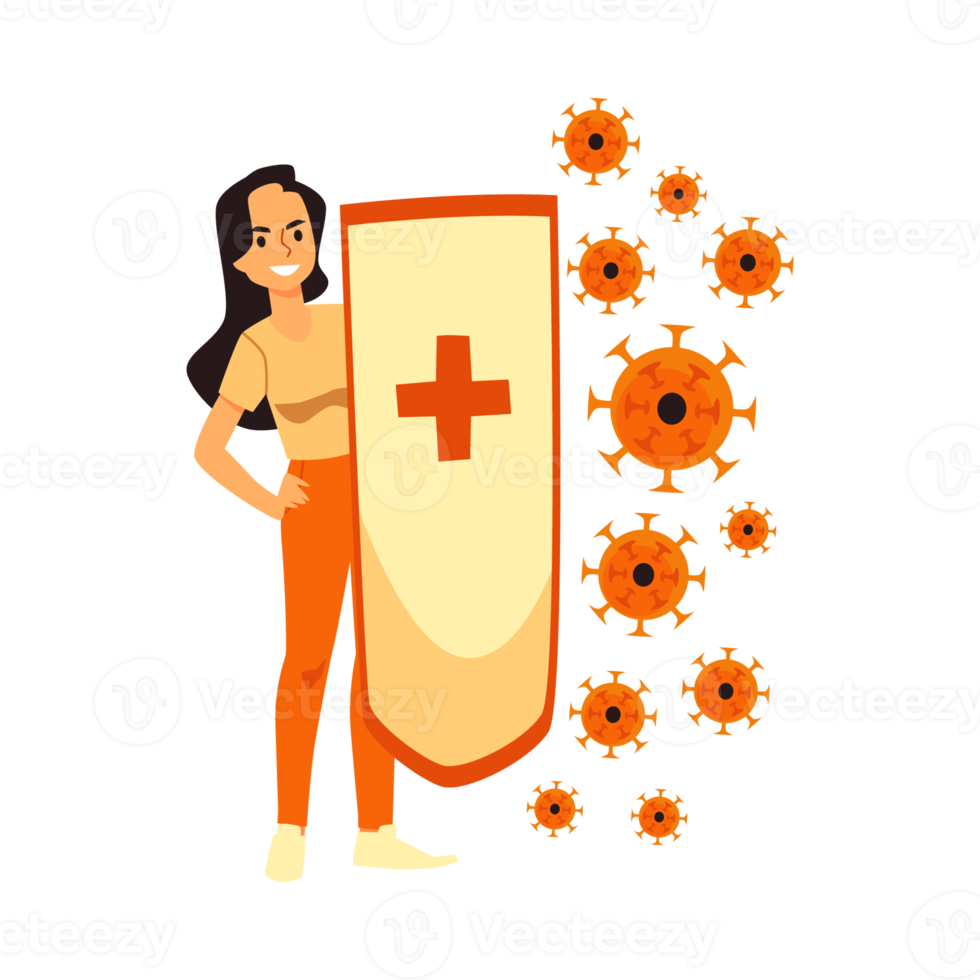 Healthy girl hold immunity shield for protection, fighting with virus, bacteria. png