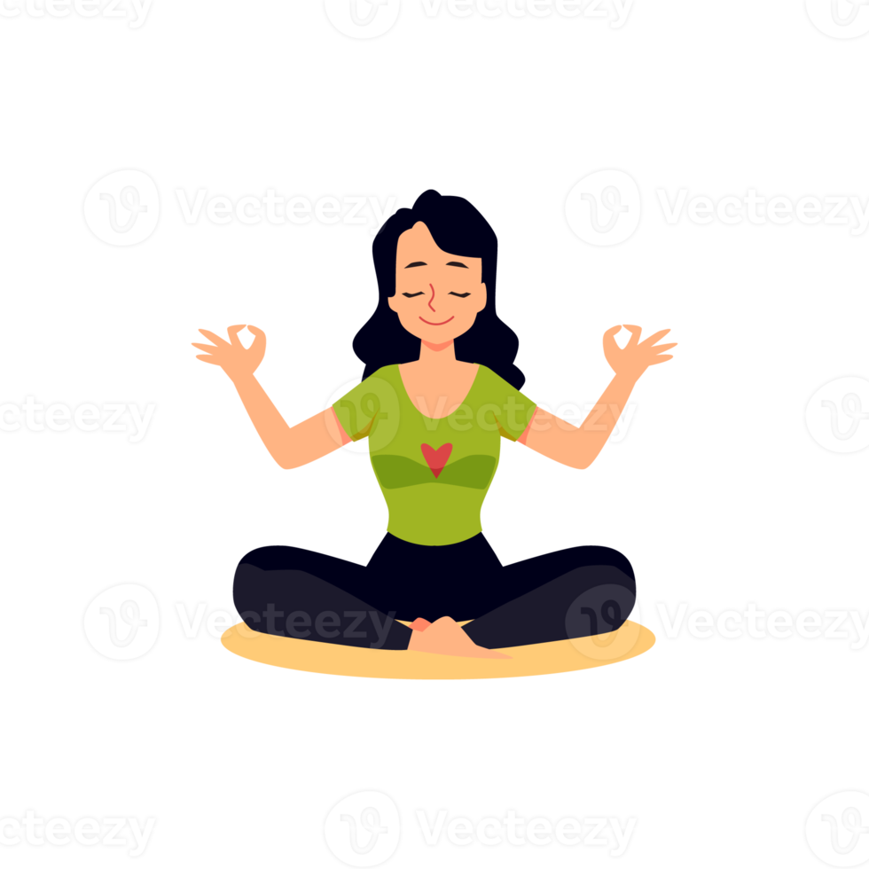 Young woman sitting in yoga lotus position, flat illustration isolated. png