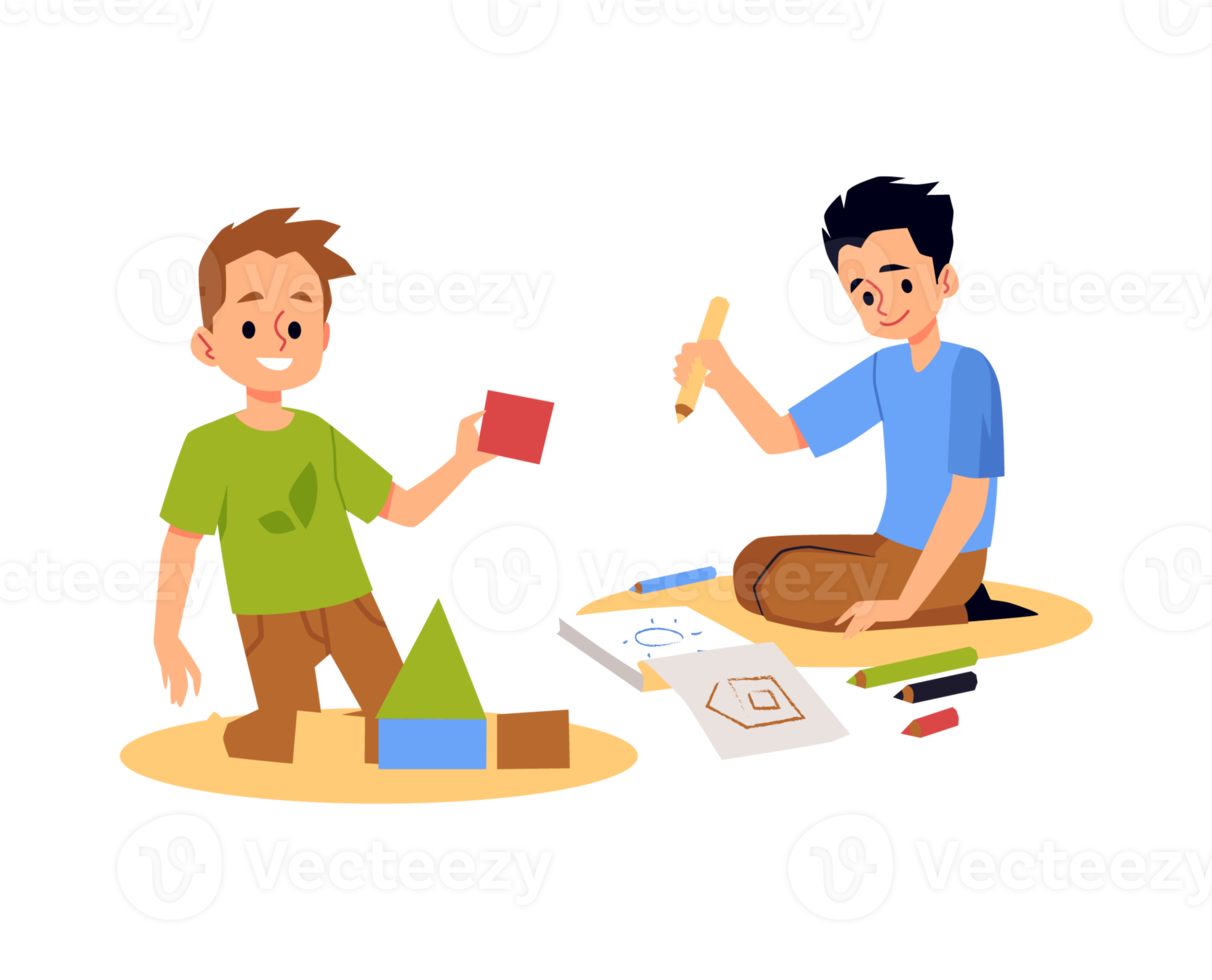 Kids playing in kindergarten room or at home, flat illustration isolated. png