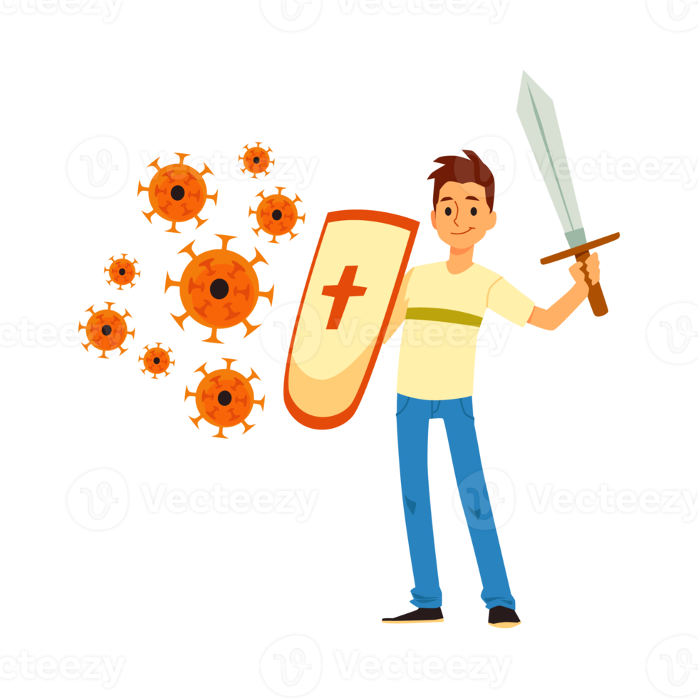 Man with sword defends himself against viruses, illustration isolated. png