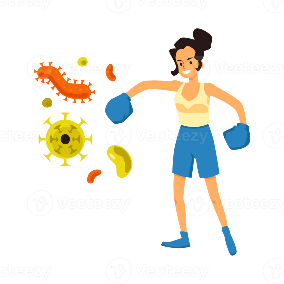 Woman in boxing gloves fighting viruses, cartoon illustration isolated. png