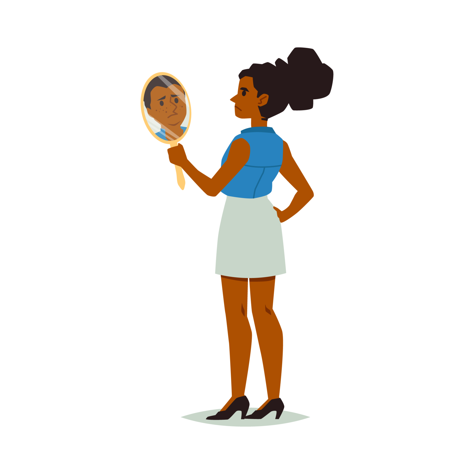 Woman looking in mirror with self hate, negative self acceptance and