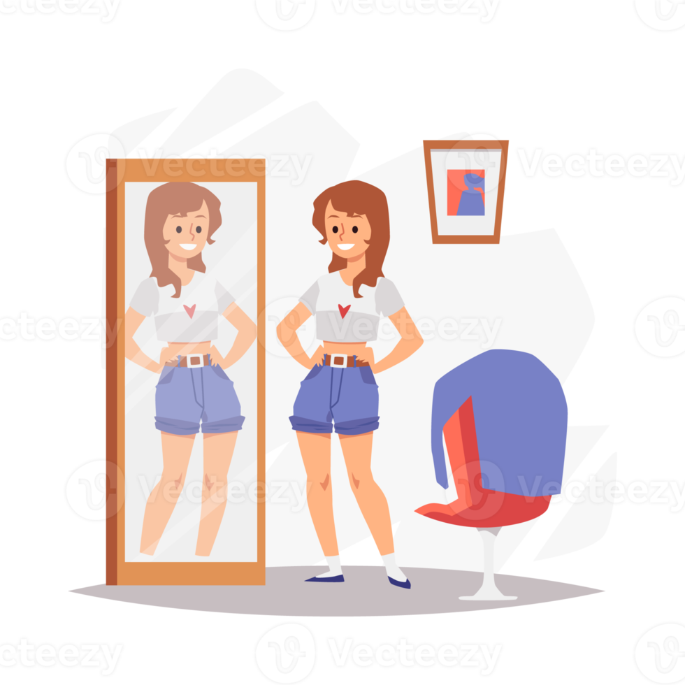 Woman happy and contented with her appearance, flat illustration isolated. png