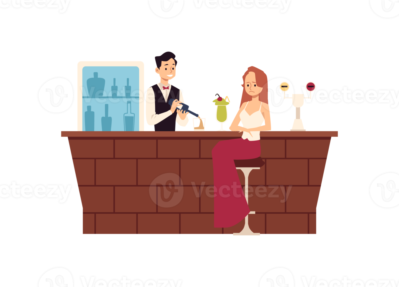 Lonely upset woman sitting at bar counter and drinking flat illustration. png