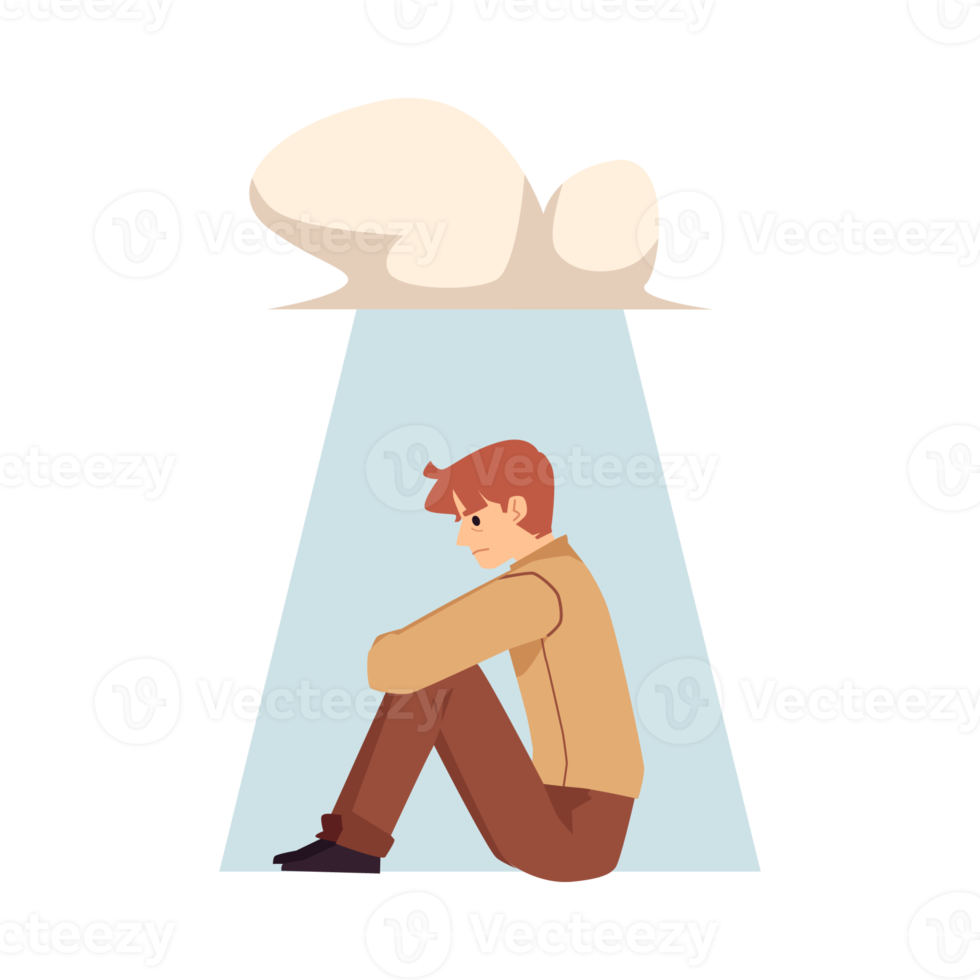 Lonely upset man character under rain cloud, flat illustration isolated. png