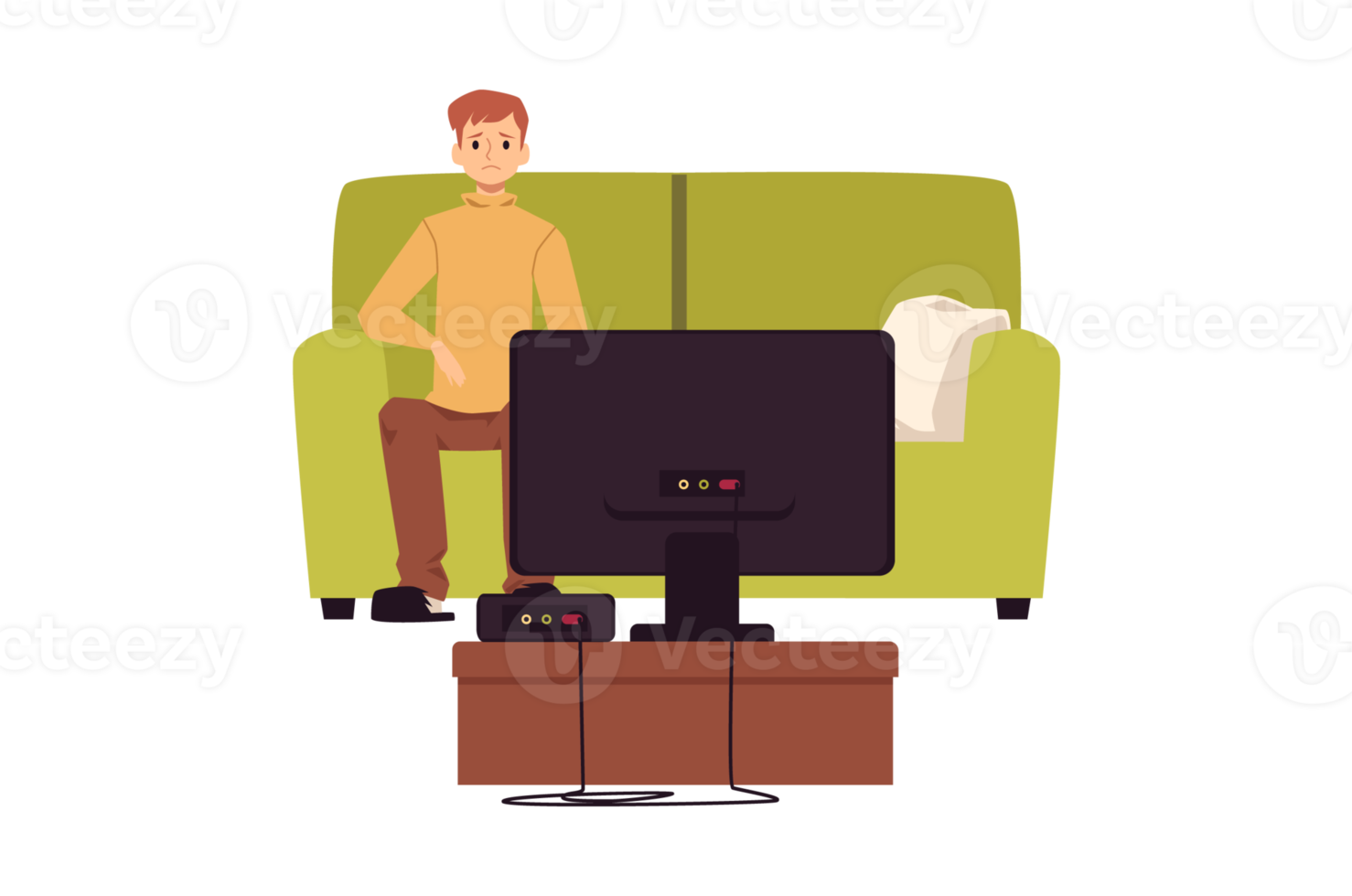 Lonely unhappy man sitting in front of TV, flat illustration isolated. png