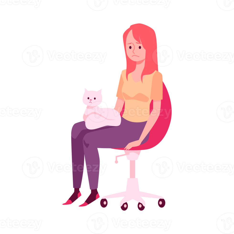 Upset lonely woman sitting in chair with cat flat illustration isolated. png