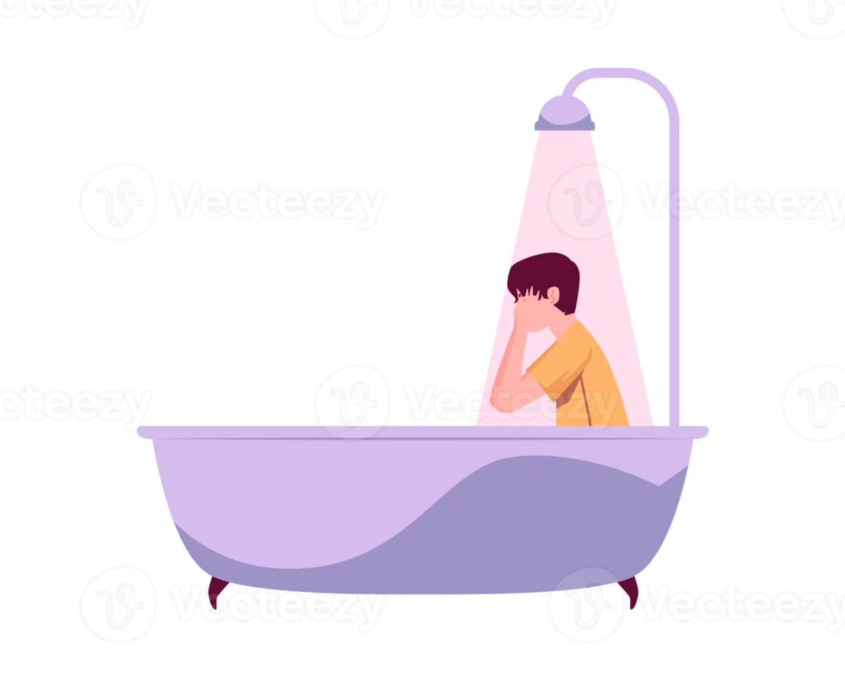 Lonely depressed dressed man in a bathtub, flat illustration isolated. png