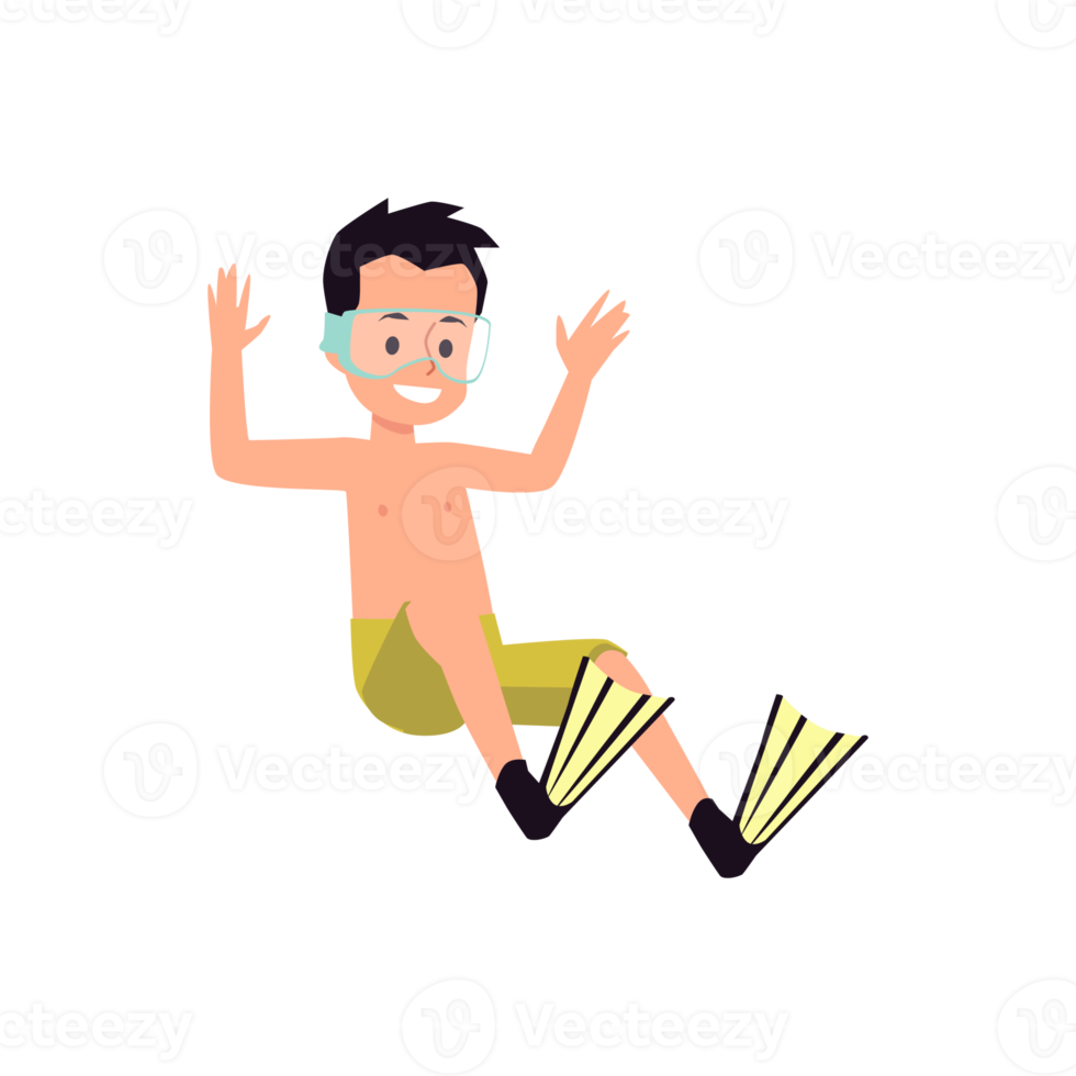 Child in fins and a mask jumps into water, flat illustration isolated. png