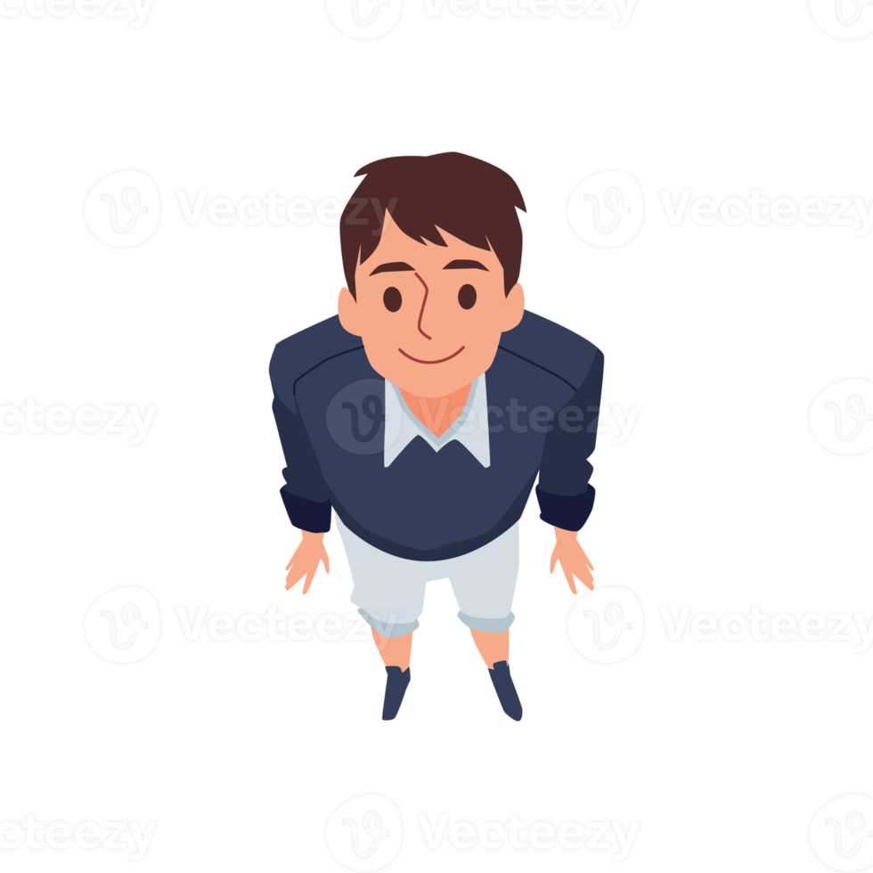 Top view of brunette man looking up, cartoon flat illustration isolated. png