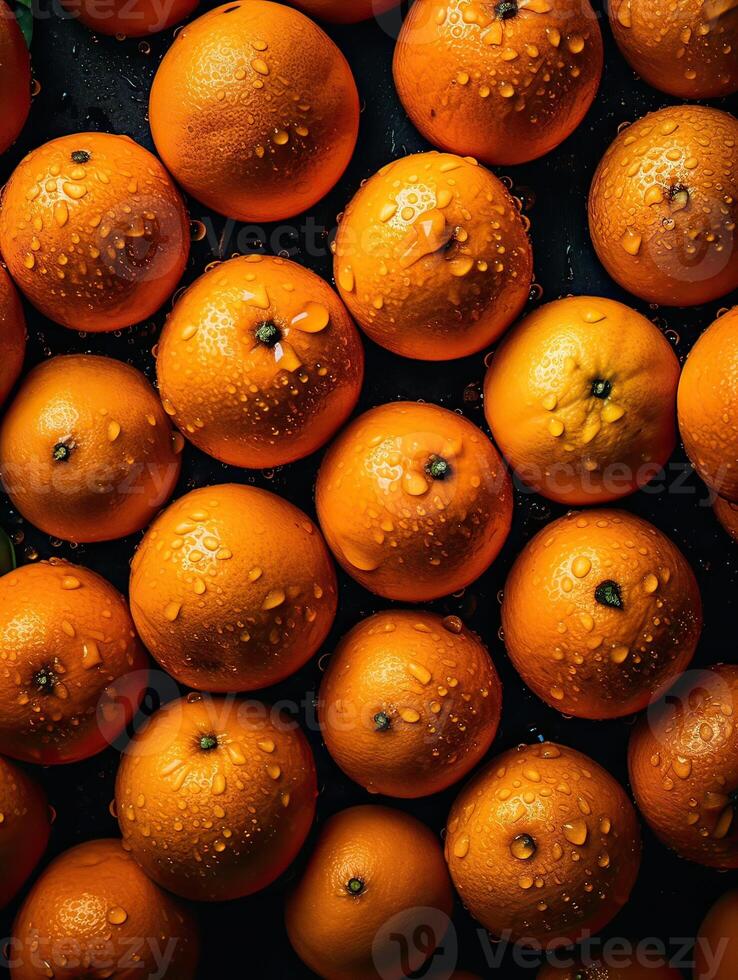 Fresh garden oranges on a stone table. Top view with copy space. Strawberries background. Strawberry. Food background. . photo