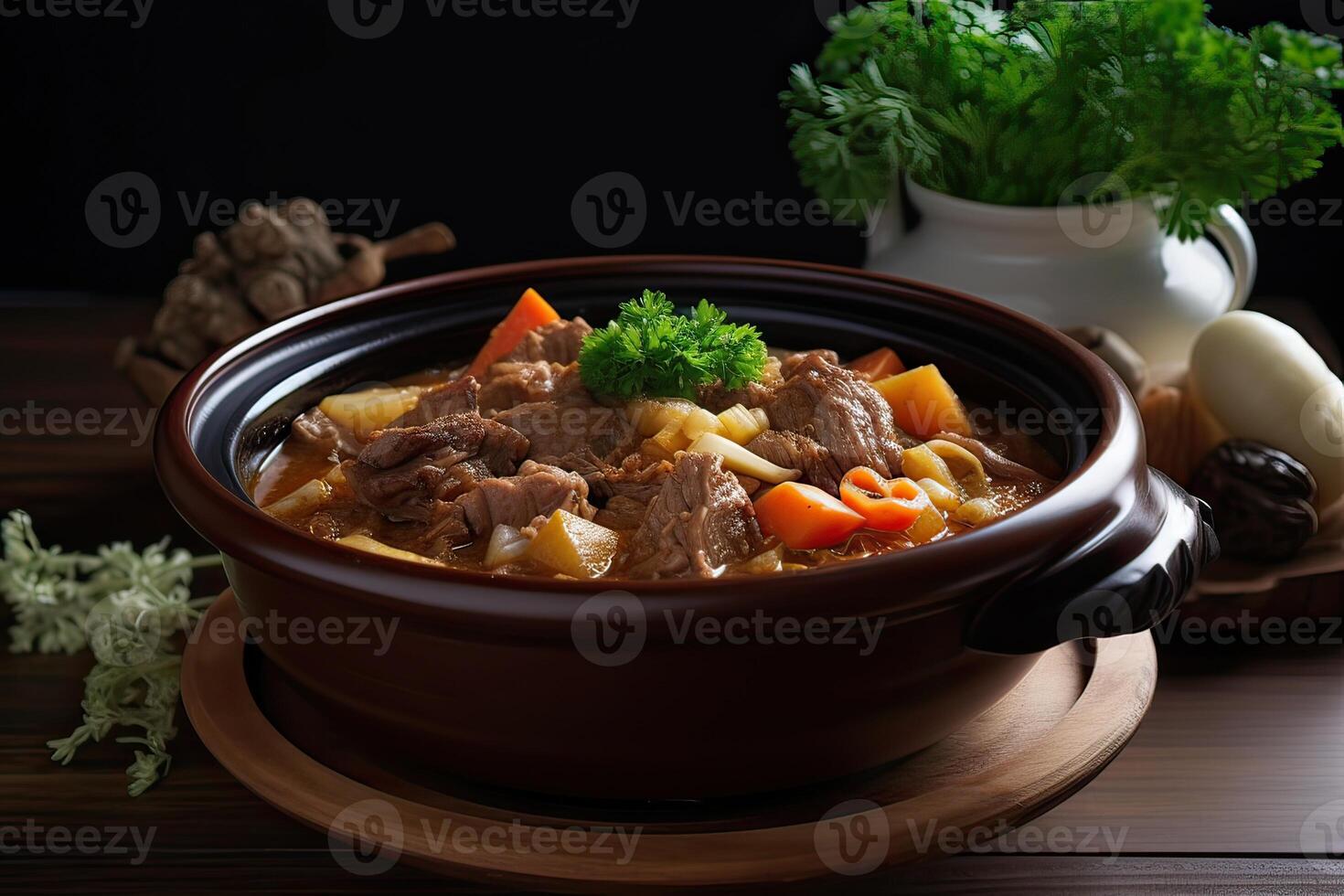 Japanese ordinary curry rice Potatoes, carrots, onions and beef in spicy yellow curry served with steamed rice. photo