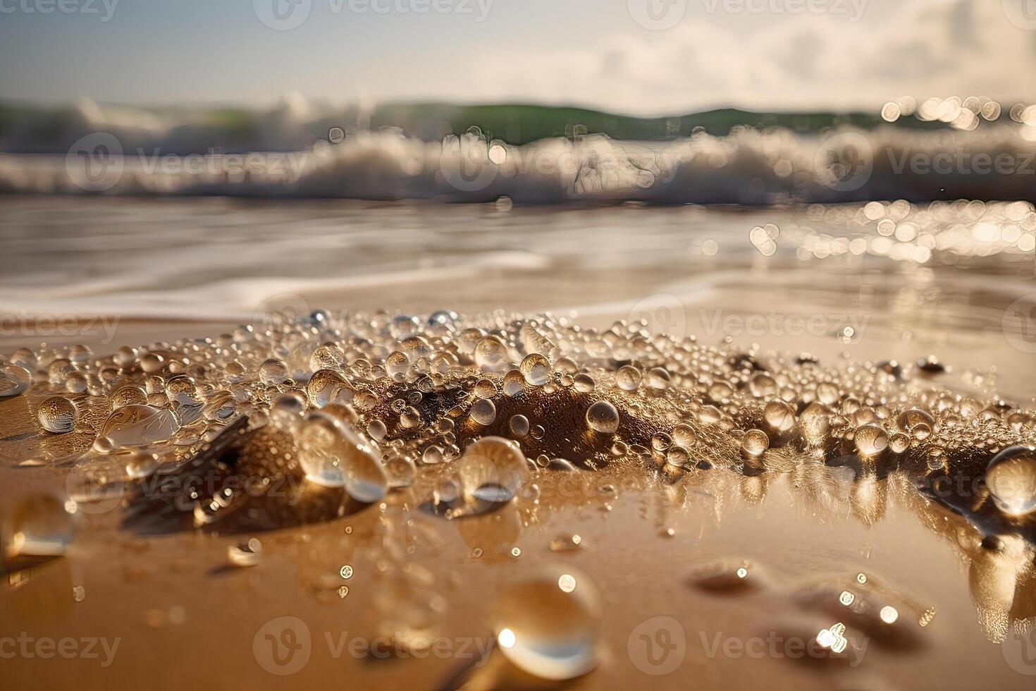 Splashing Wave on Sandy Shore with Sparkling Sunshine on Water. . photo