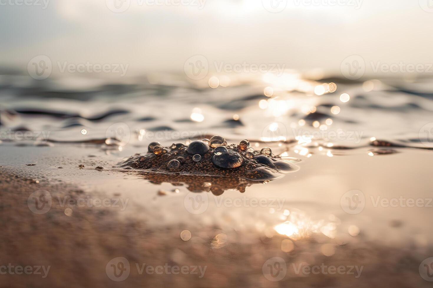 Splashing Wave on Sandy Shore with Sparkling Sunshine on Water. . photo