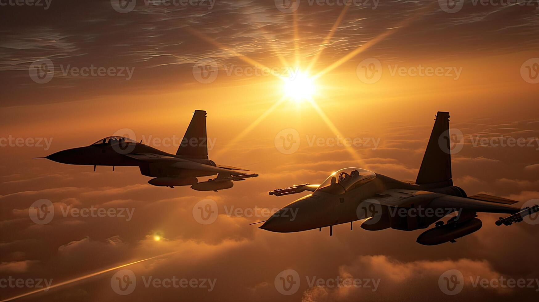 Militar aircraft flying over the clouds in amazing sunset. . photo