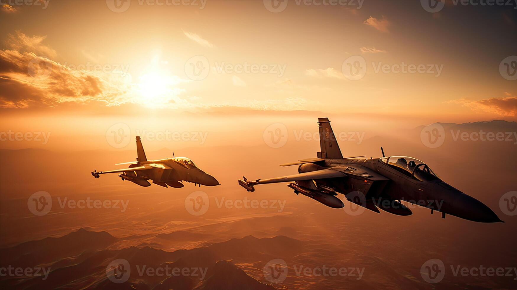 Militar aircraft flying over the clouds in amazing sunset. . photo