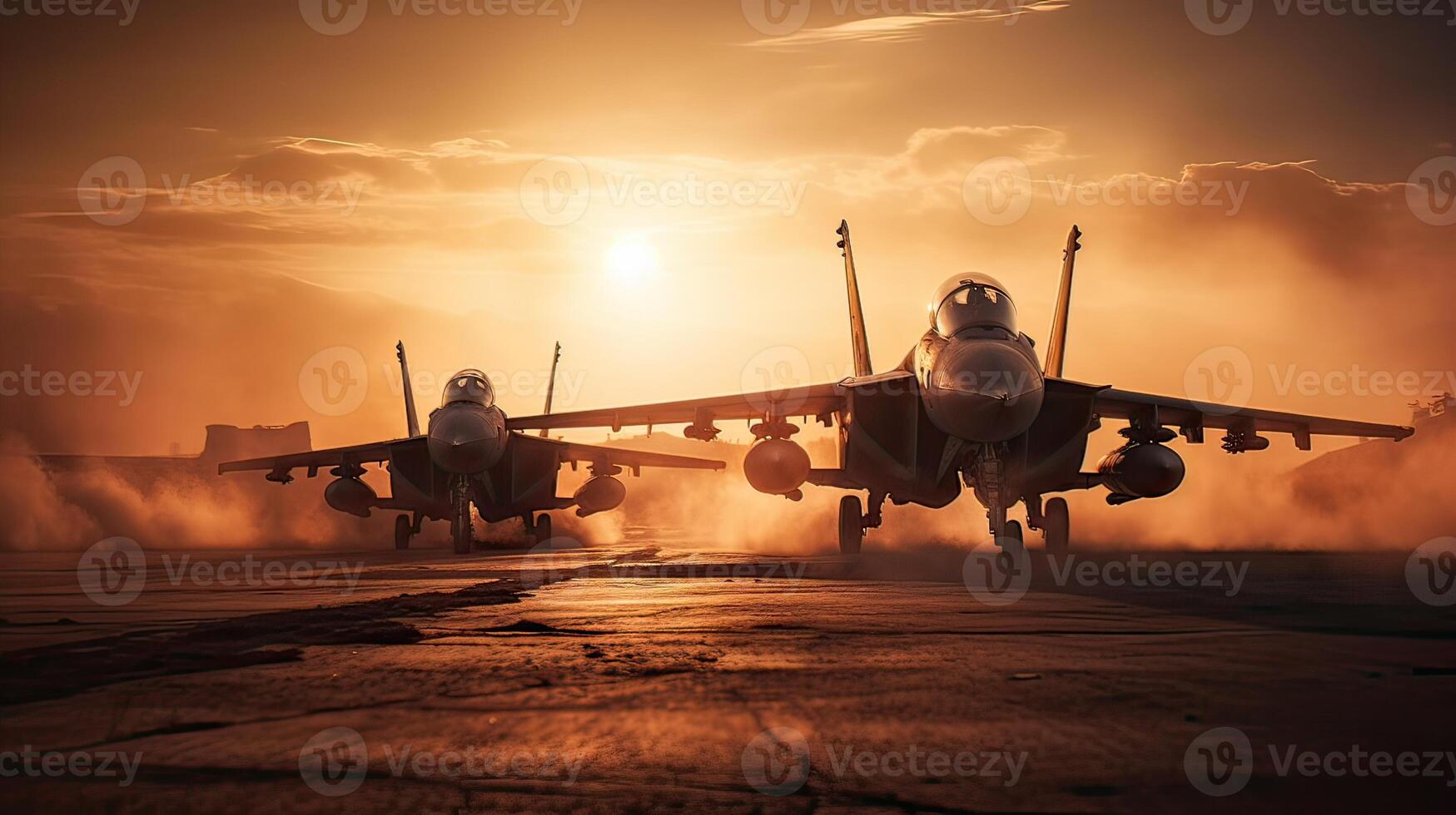 Militar aircraft flying over the clouds in amazing sunset. . photo