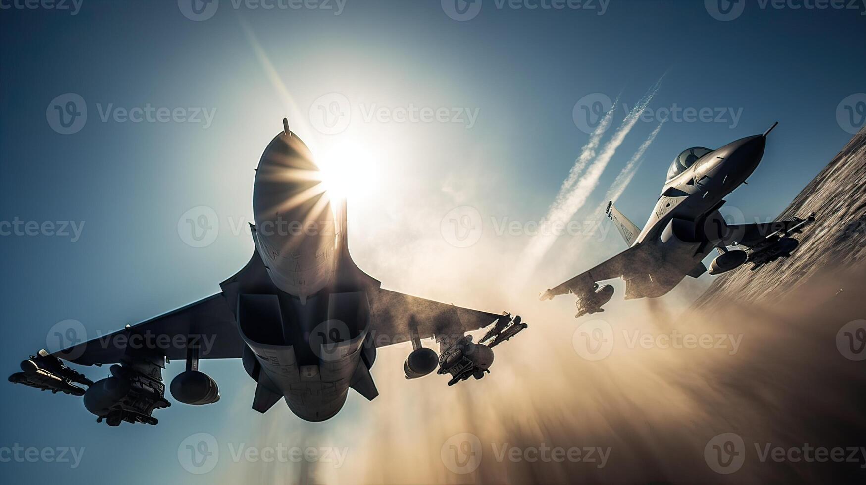 Military fighter aircraft at high speed, flying high in the sky. photo