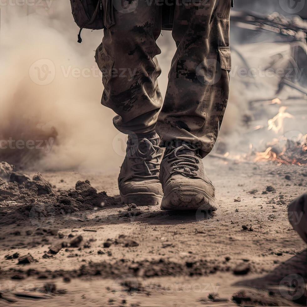close up Illustration of a military man walking on an empty destroyed environment. Destruction, war scene. Smoke and fog. Sad combat feeling. . photo
