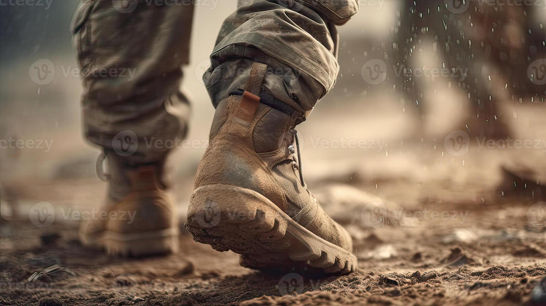 close up Illustration of a military man walking on an empty destroyed environment. Destruction, war scene. Smoke and fog. Sad combat feeling. . photo