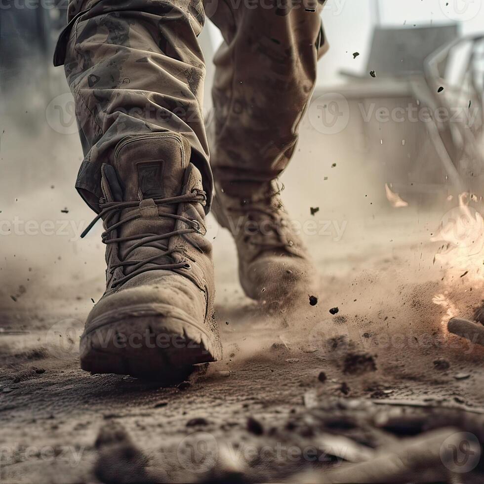 close up Illustration of a military man walking on an empty destroyed environment. Destruction, war scene. Smoke and fog. Sad combat feeling. . photo