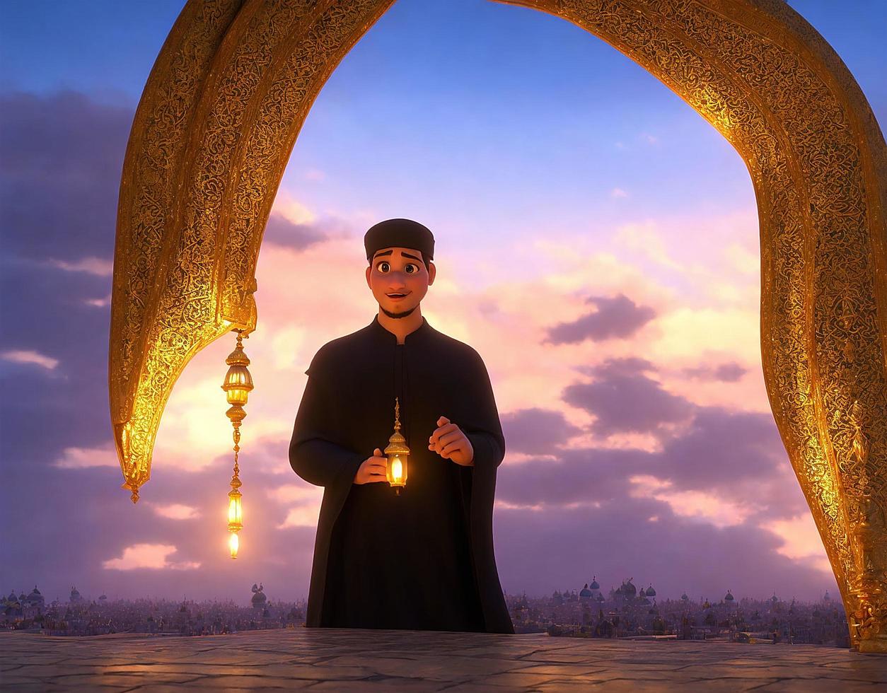 3D animation of arabic prince holding lantern ramadan islamic concept photo