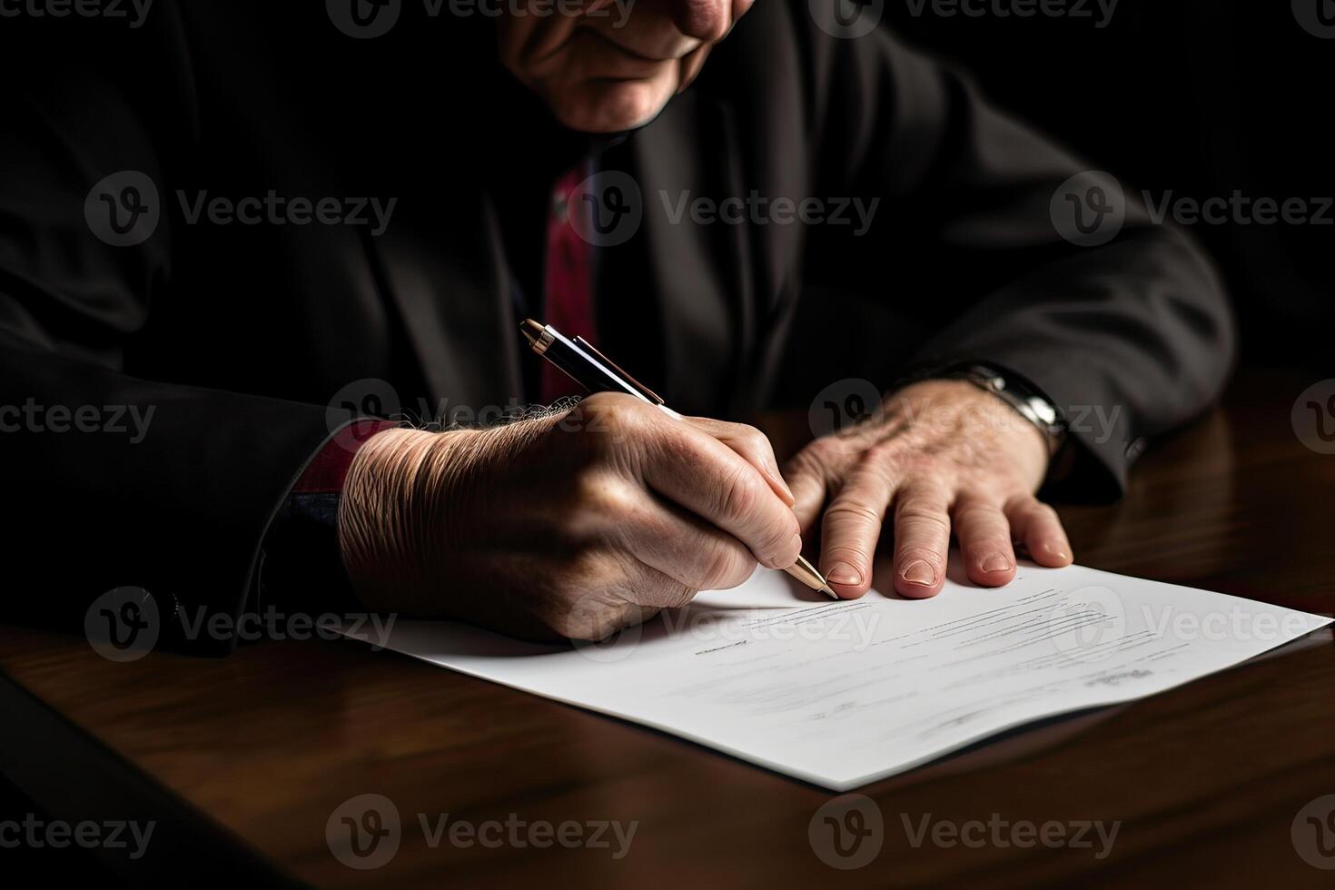 Close-up Of Businessperson Signing Contract, writing paper at the desk with pen and reading books at table with basic business Form document working in office. . photo