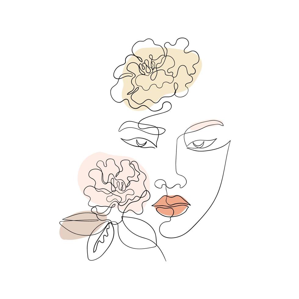 Woman's face, one line art with camellia flowers and leaves. Woman drawn continuous style, vector liner for cosmetic business