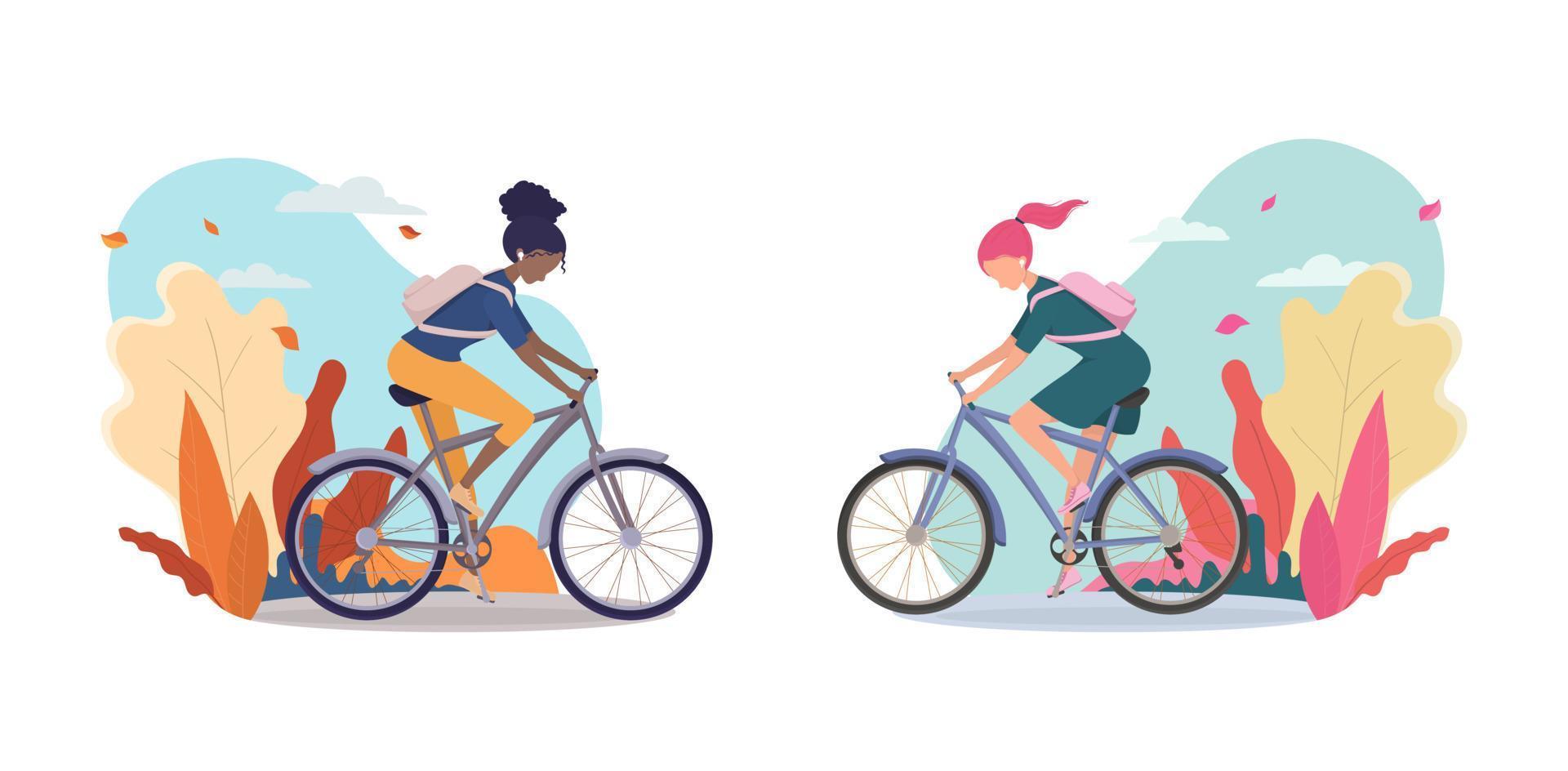 Girl rides a bike, African-American woman rides a bike in the autumn landscape. Poster or banner for bike shop, sportswear or postcard vector