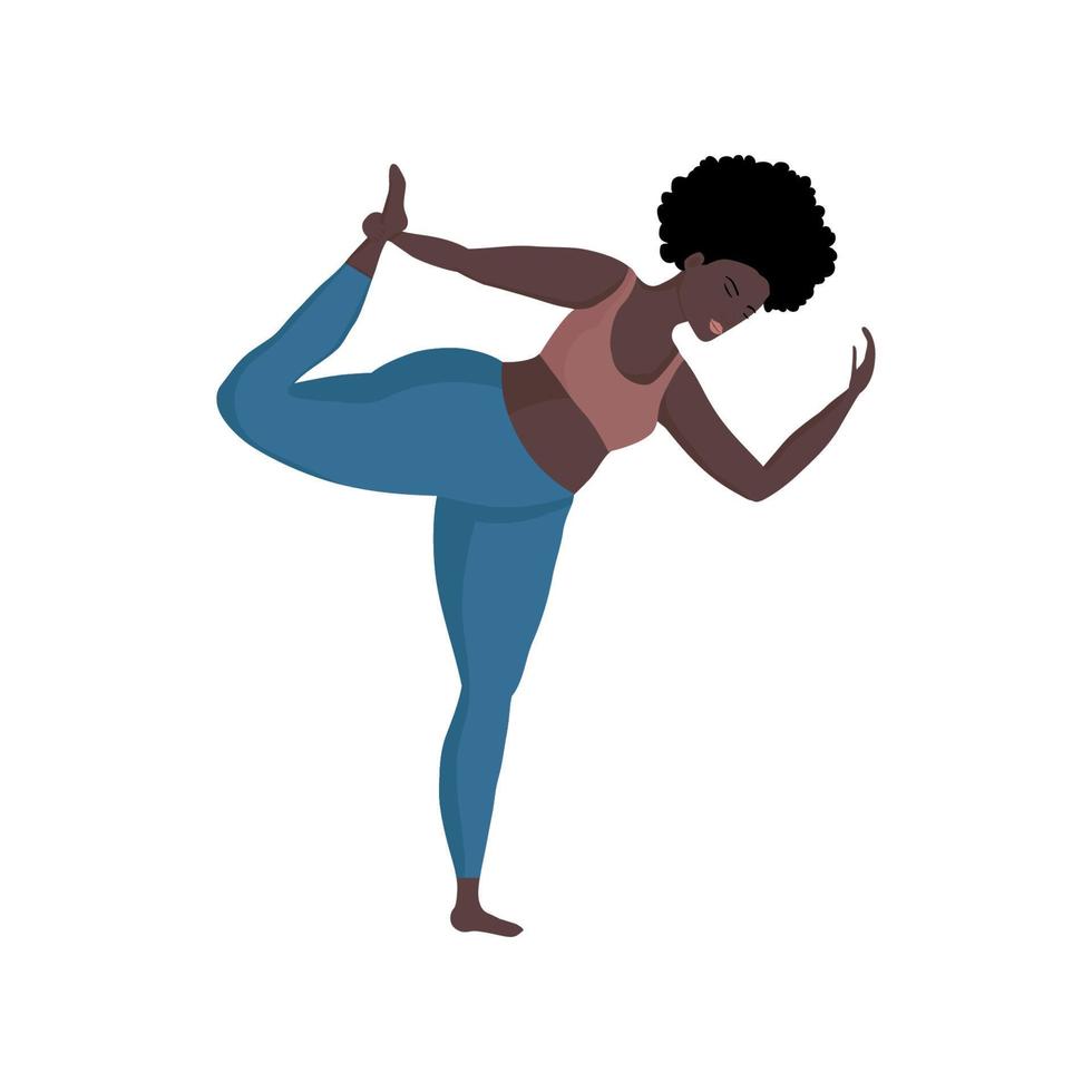 Happy african of oversized woman in yoga position. Sport and body health positive concept. Love body. Attractive woman of large sizes an active healthy lifestyle vector