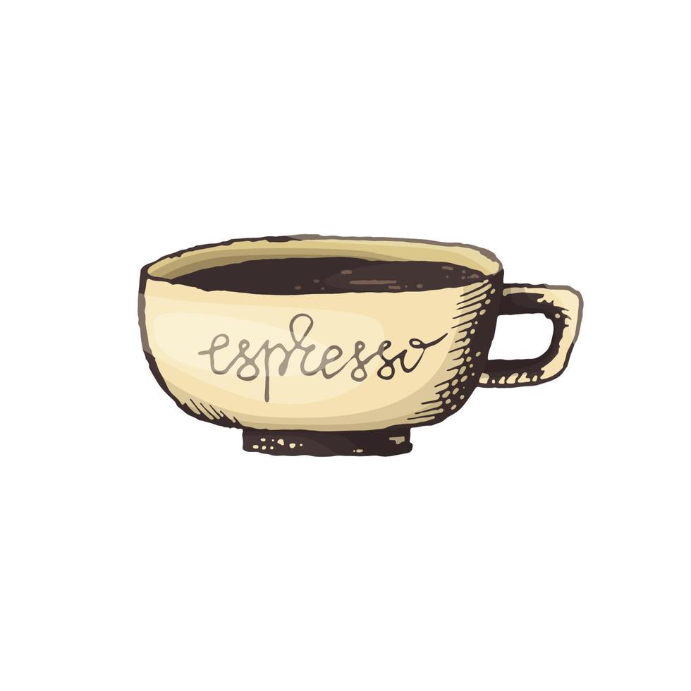 Vector illustration of espresso coffee mug in the style of freehand drawing in color. Hot coffee mug icon for menu, logo or banner design