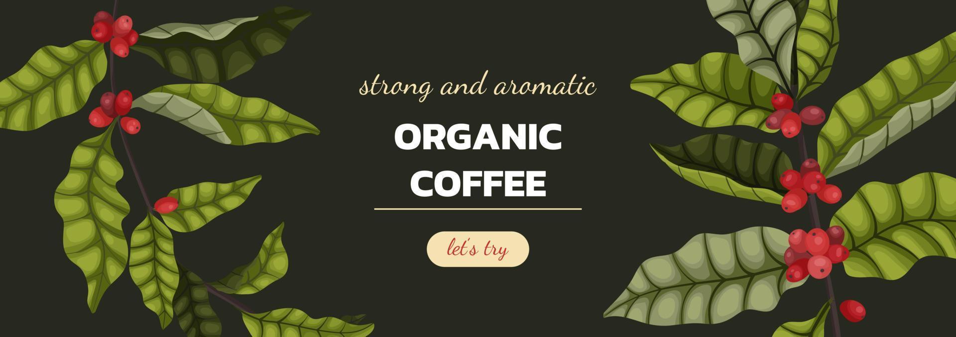 Concept of advertising coffee with branches and coffee berries in cartoon style. A horizontal banner on a brown background for mail and website vector