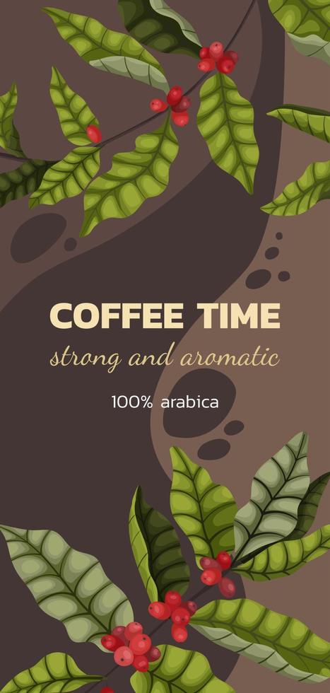 Vector illustration concept of advertising coffee with branches and berries of coffee tree in cartoon style. Vertical banner or brochure on brown background coffee time