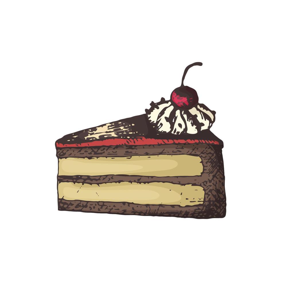 Vector illustration of a piece of cake with cherries drawn by hand in color. Sweet pastries dessert for coffee and tea design for cafe and pastry shop and culinary and bakery