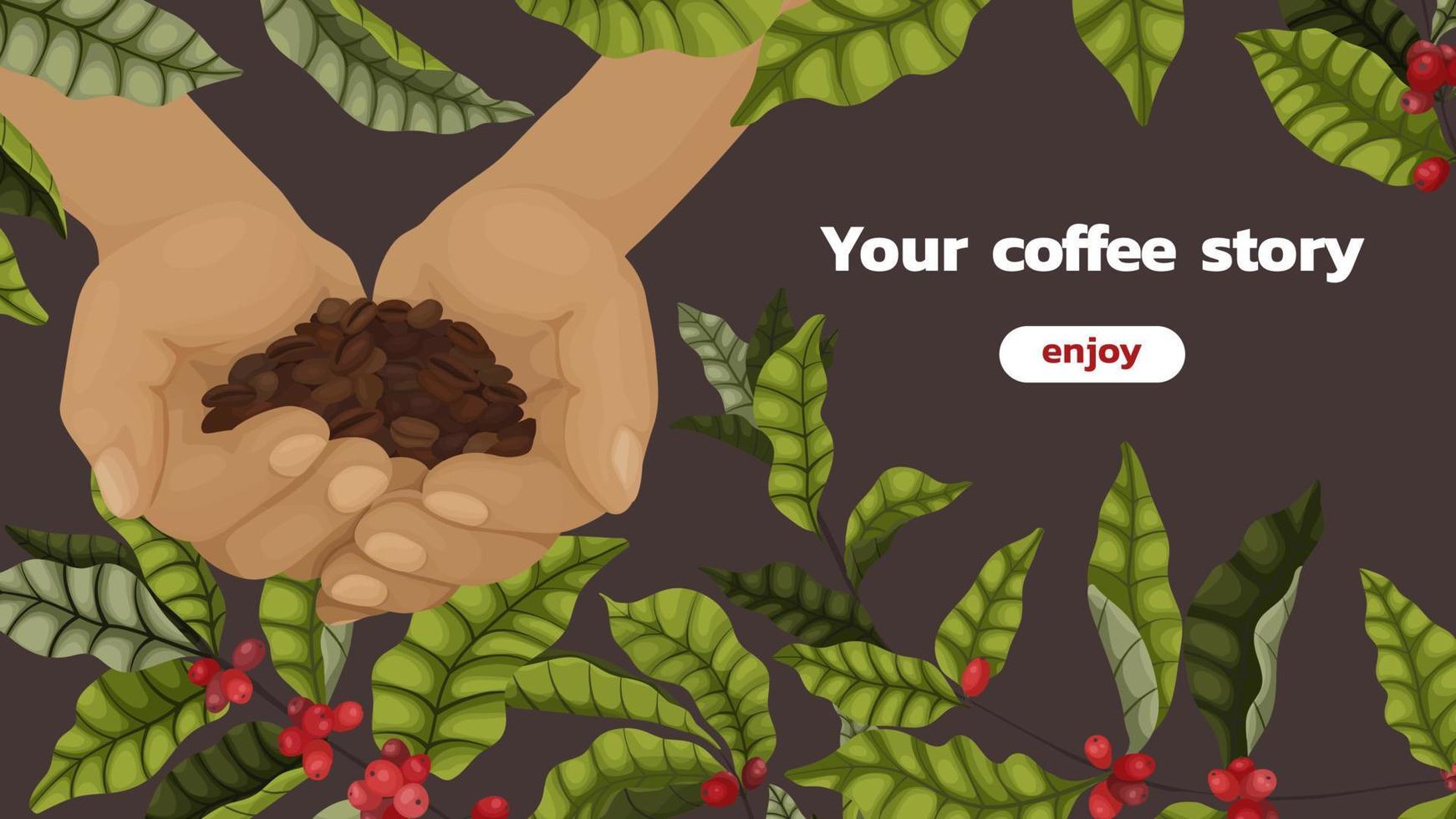 Concept of advertising coffee with branches and berries of coffee tree in cartoon style. Horizontal banner on brown background with palms and coffee beans about cultivation and production vector