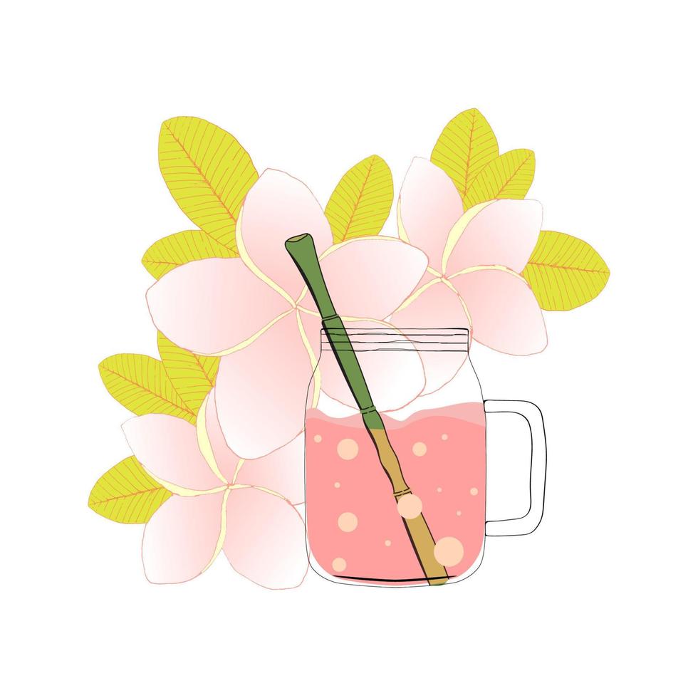 Smoothie, juice, fruit cocktail in mason cup with bamboo straw. Hand drawn jar with summer drinks. Healthy fitness eco menu bar. Vegan, fresh, raw, organic beverage shake, diet lifestyle. Zero waste vector