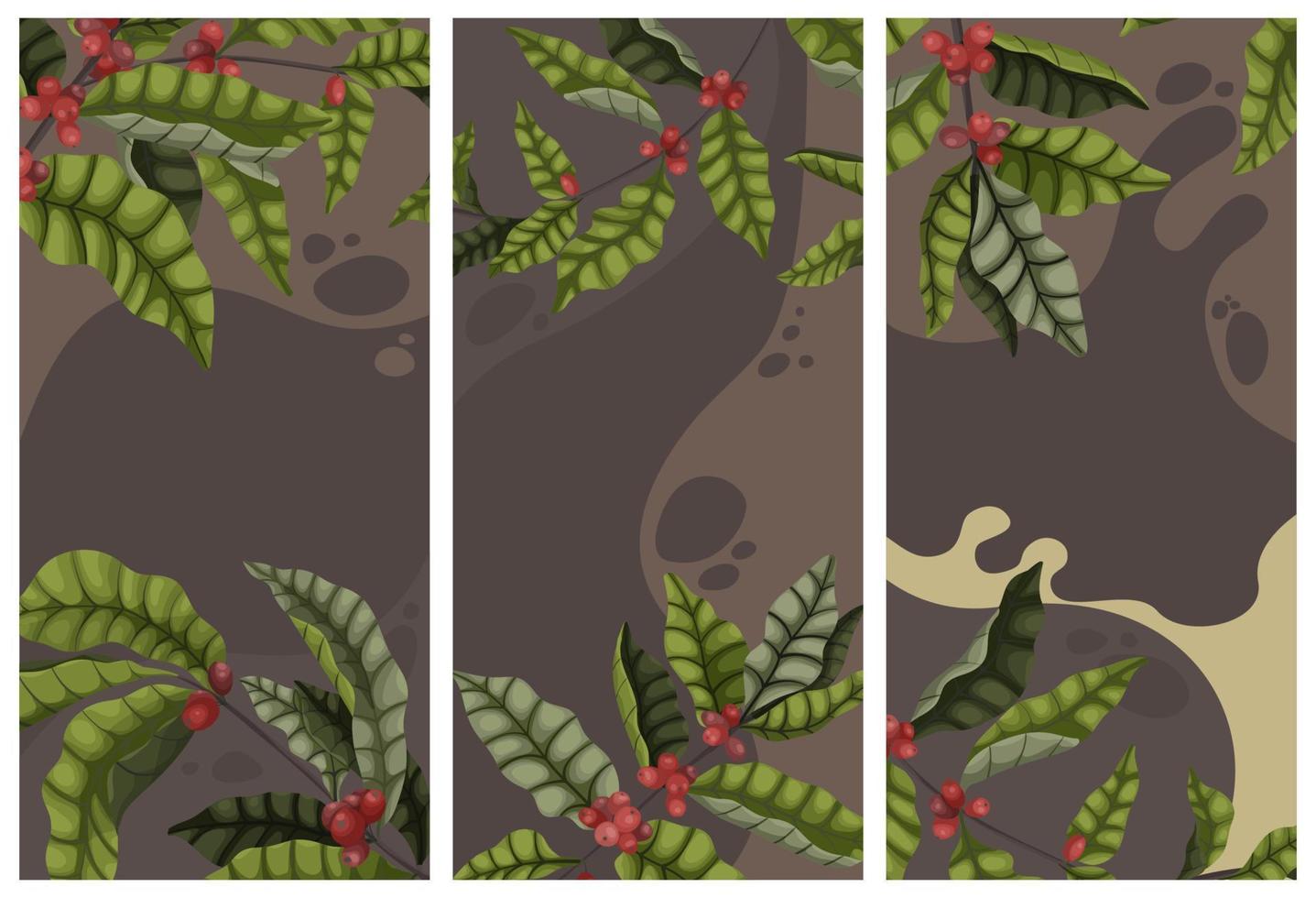 coffee with branches and berries of coffee tree banner in cartoon style, concept of advertising. Vertical banner or brochure on brown background coffee time. Vector illustration