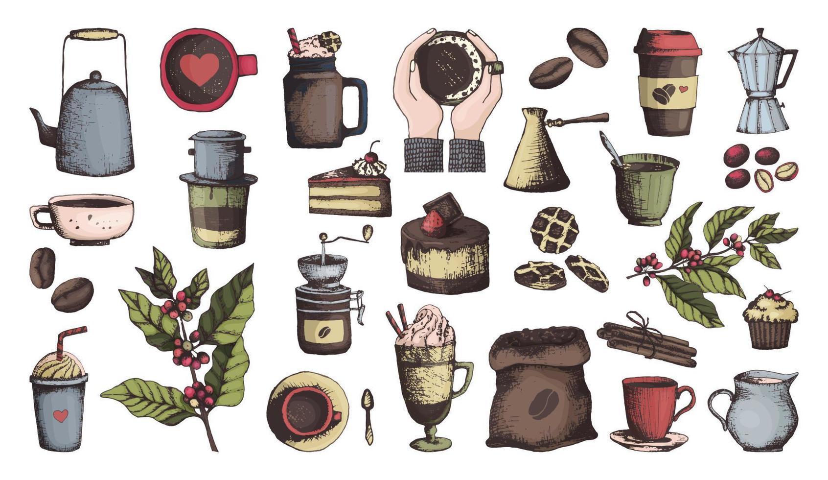 Coffee ingredients and items in outline style, set in color. Coffee, grains and mugs, coffee grinder and desserts icons. Vector illustration