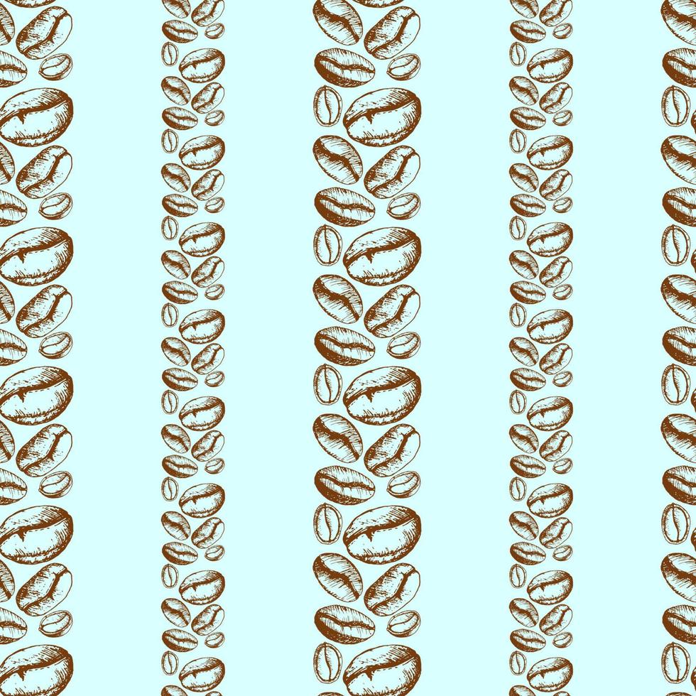 Seamless pattern with coffee beans strips. Illustration grains of coffee in sketch engraving style for coffee shop or packaging. Vintage background with brown coffee beans on mint  backdrop. vector