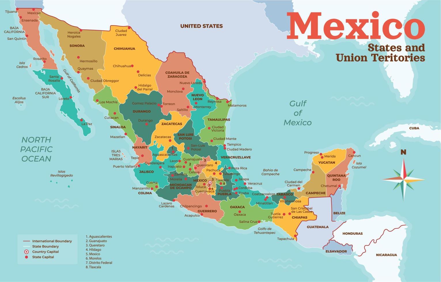 detallado mexico mapa y rodeando fronteras vector