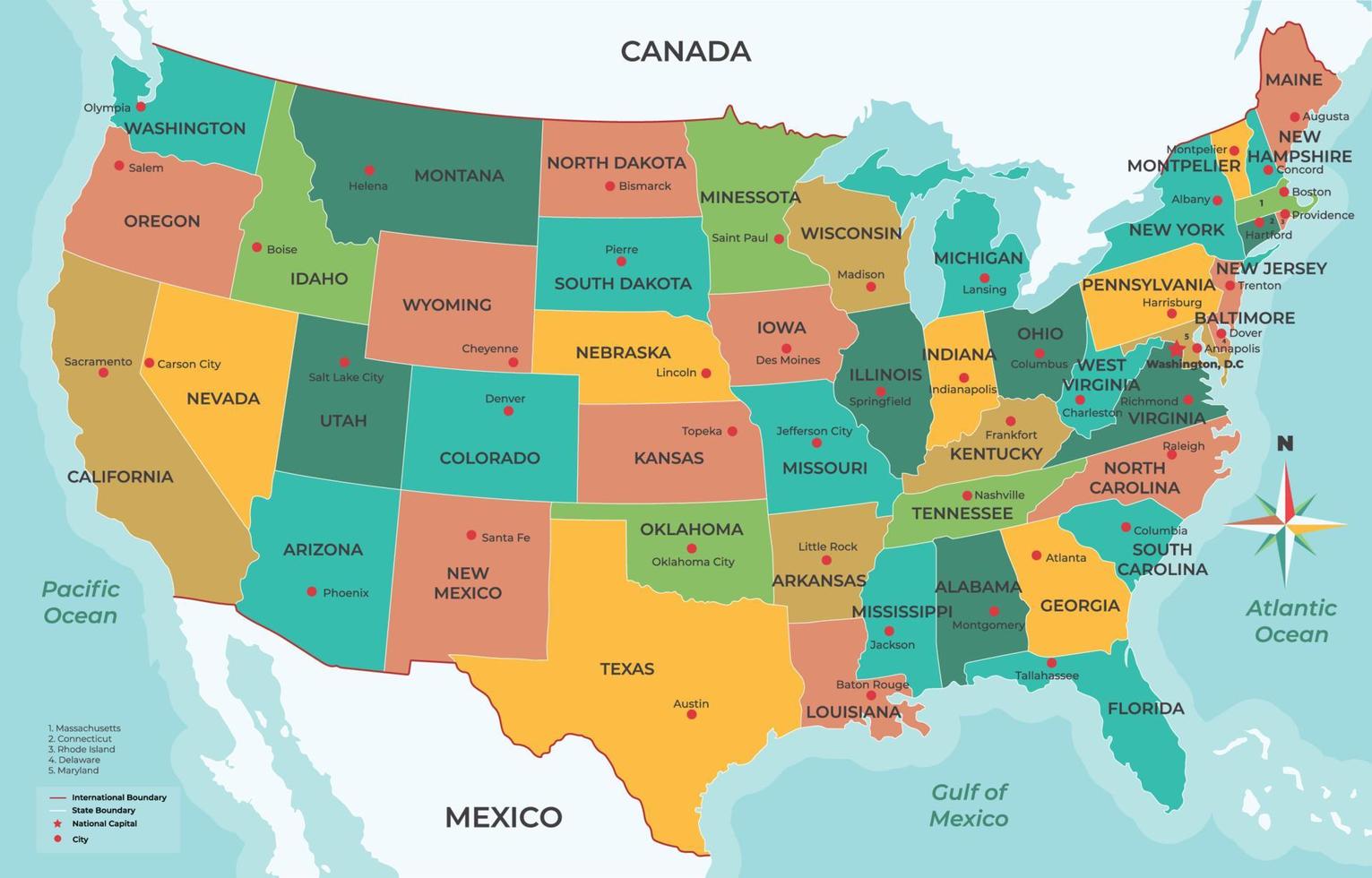 detallado Estados Unidos mapa y rodeando fronteras vector