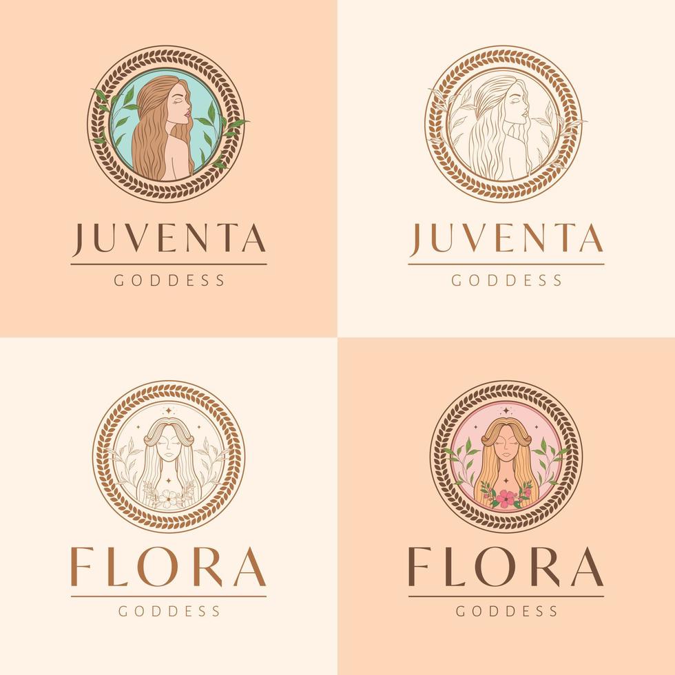 juventus y flora emblemas colocar. hermosa diosa vector ilustración, logo diseño. antiguo mujer logo colocar.