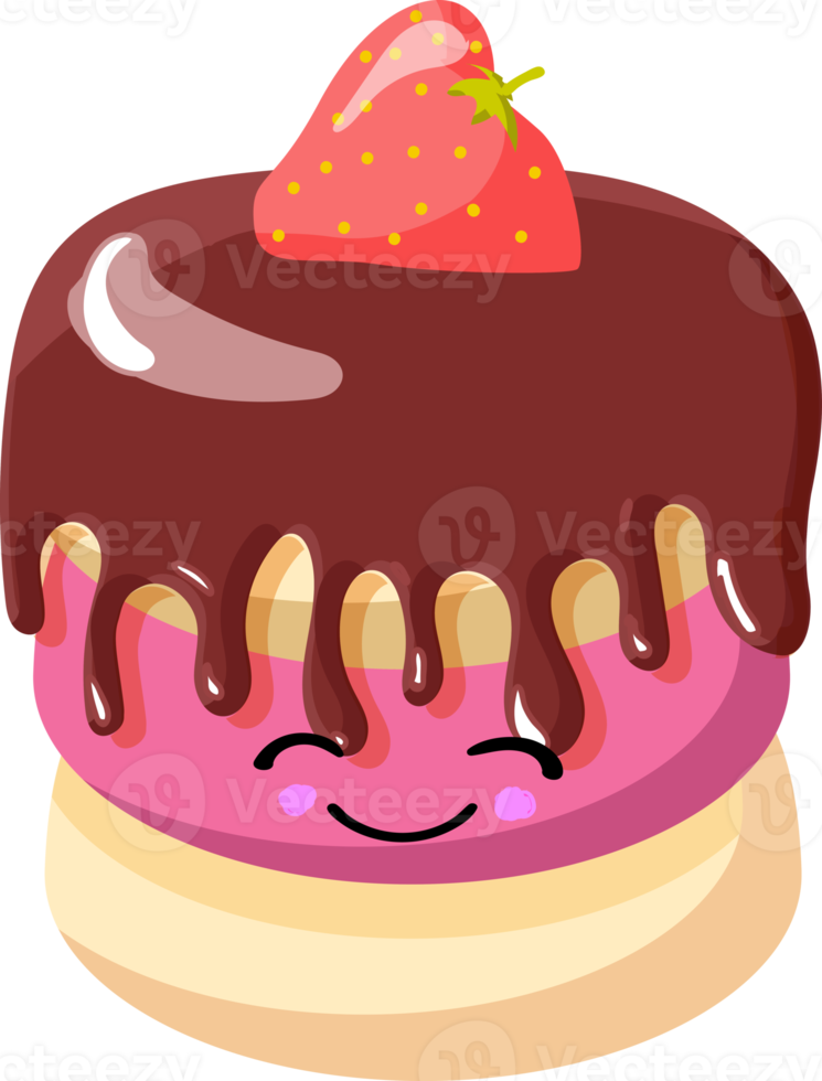 cake with chocolate icing and strawberries. Kawaii cupcake character png