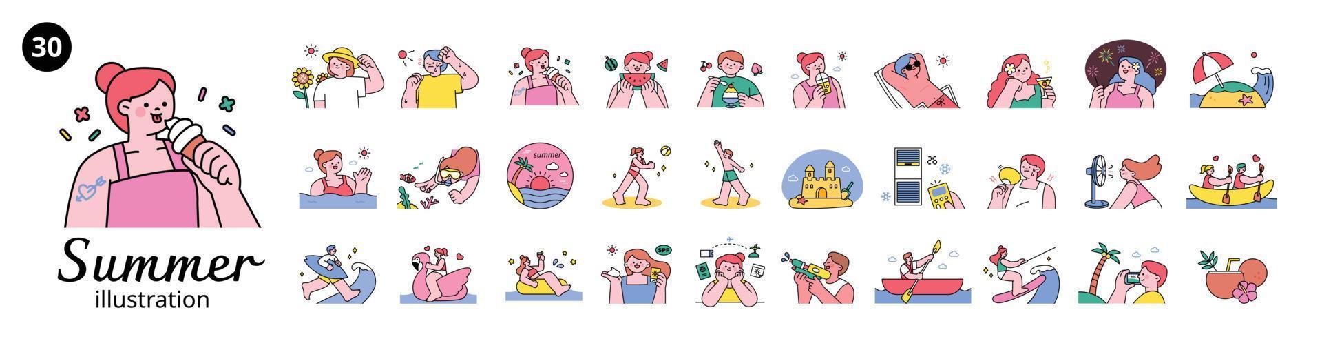 People enjoying summer. Collection of summer items. Things that come to mind when you think of vacations, food, sports, and summer. vector