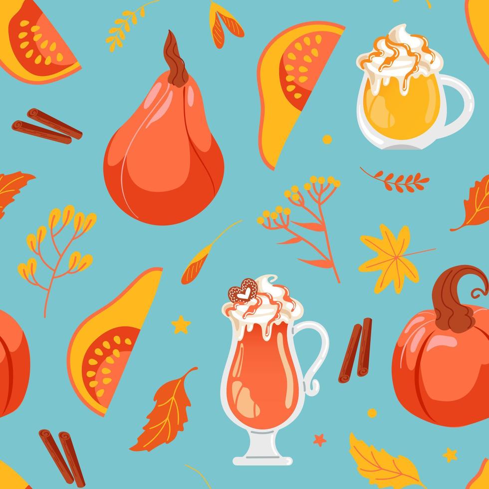 Pumpkin spice lover. international coffee day. Glass with latte foam, pumpkins, autumn leaves and apples. Seamless pattern for cafes, shops, menus, wallpaper, printing on fabric, wrapping. vector