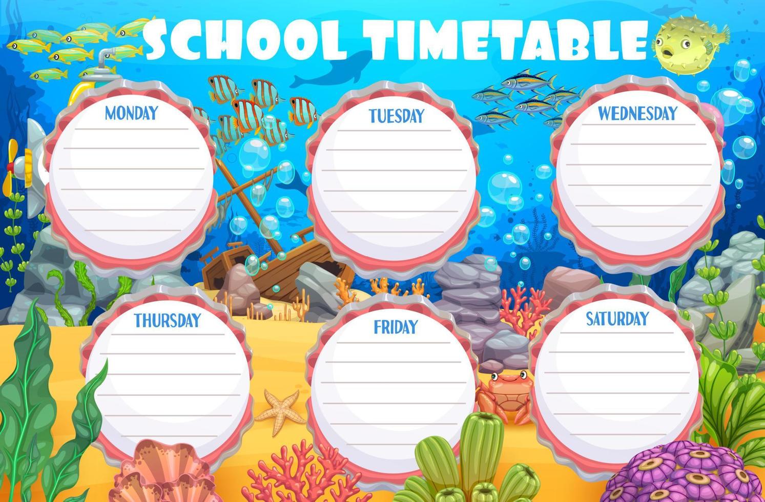 Timetable schedule, underwater landscape, animals vector
