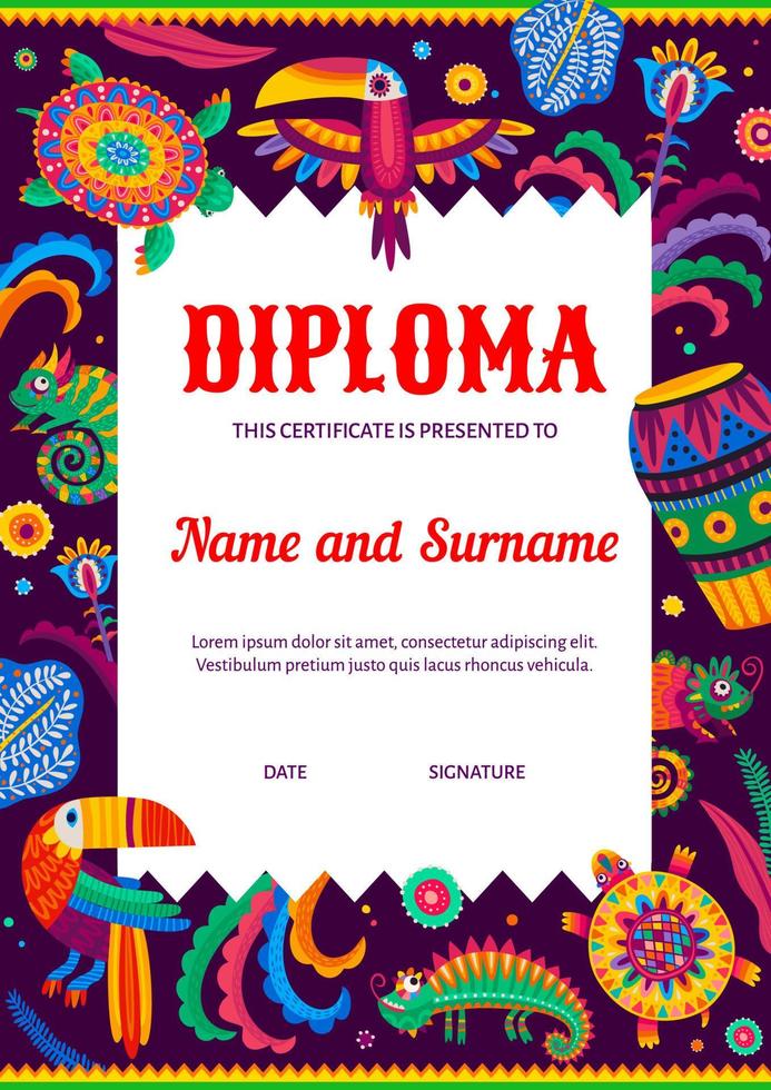 Kids diploma with brazilian drum, toucans, parrots vector