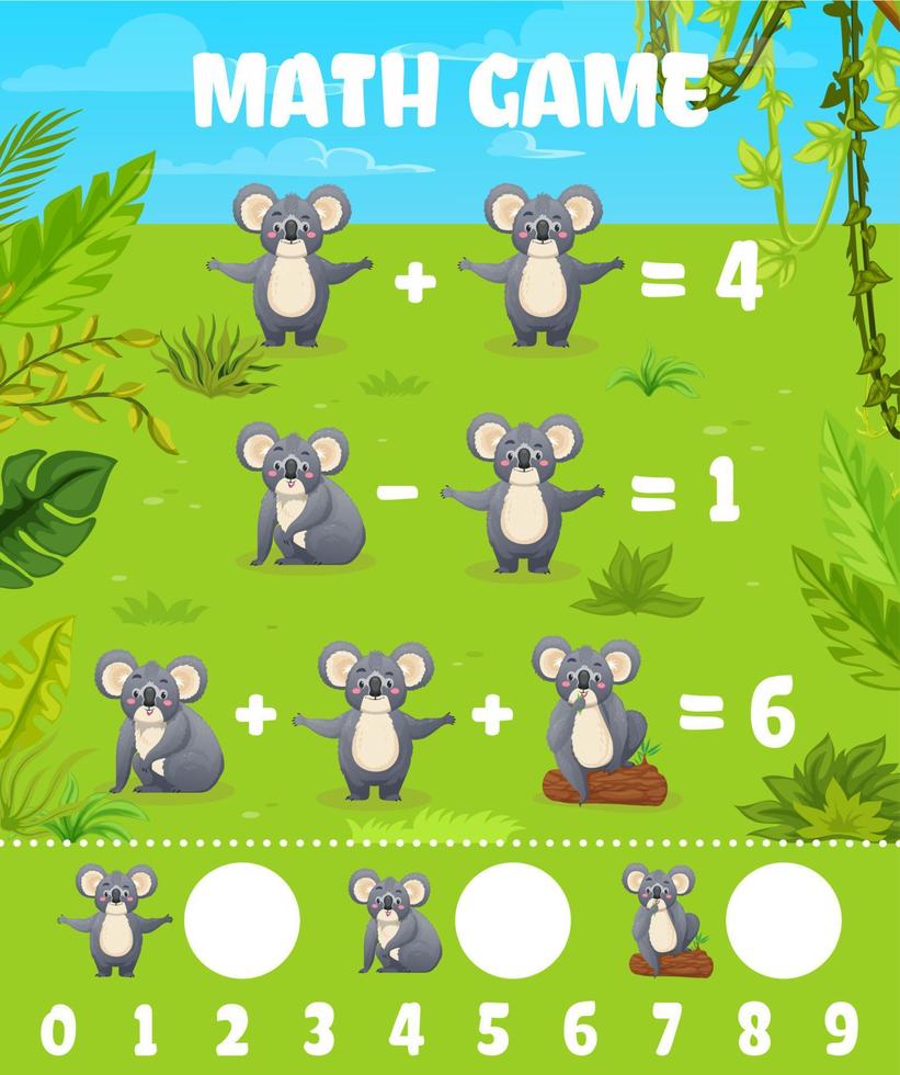 Funny koala bear characters math game worksheet vector