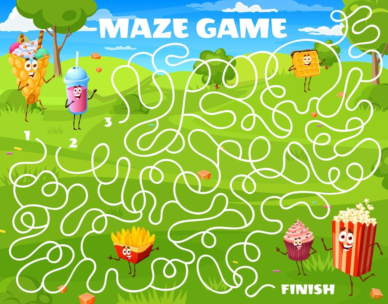 Labyrinth kids maze, cartoon fast food, desserts vector