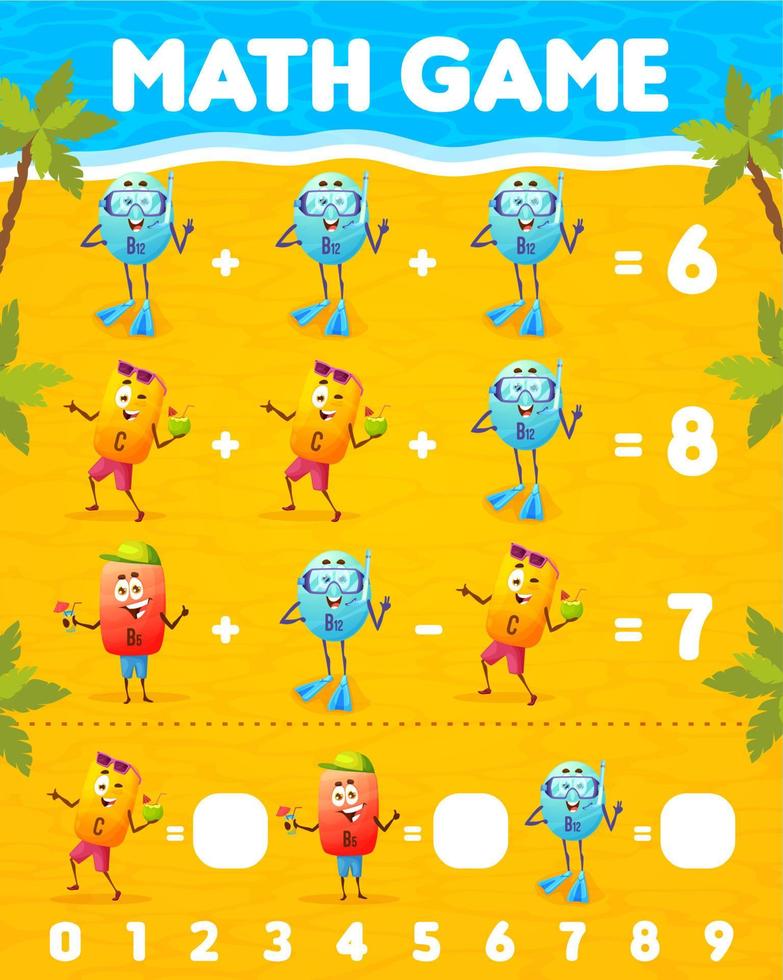 Math Game with vitamin characters on summer beach vector